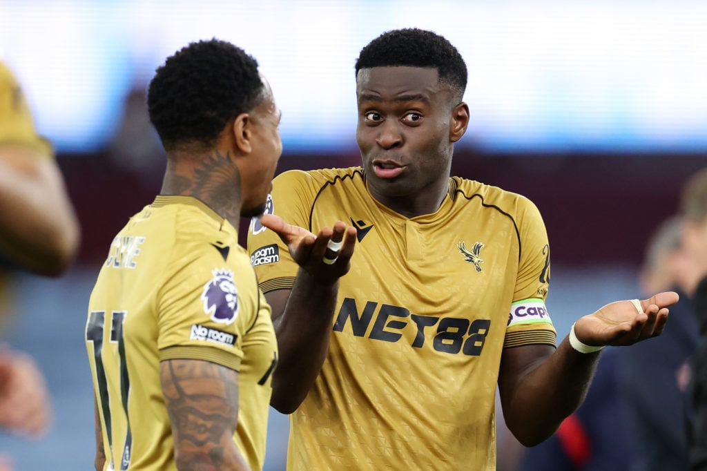 Marc Guehi reacts during a Premier League clash between Aston Villa and Crystal Palace