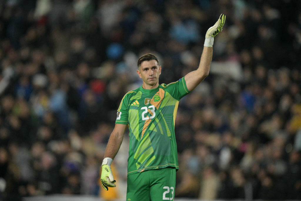 Emiliano Martinez gestures during the 2026 FIFA World Cup South American qualifiers football match between Argentina and Venezuela
