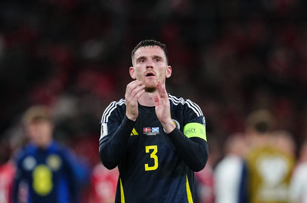 Andy Robertson of Scotland looks on during the UEFA World Cup qualification match between Denmark and Scotland at Parken Stadium.
