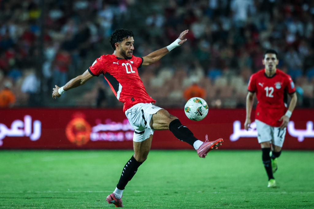 Omar Marmoush stretches to control the ball during an Egypt match