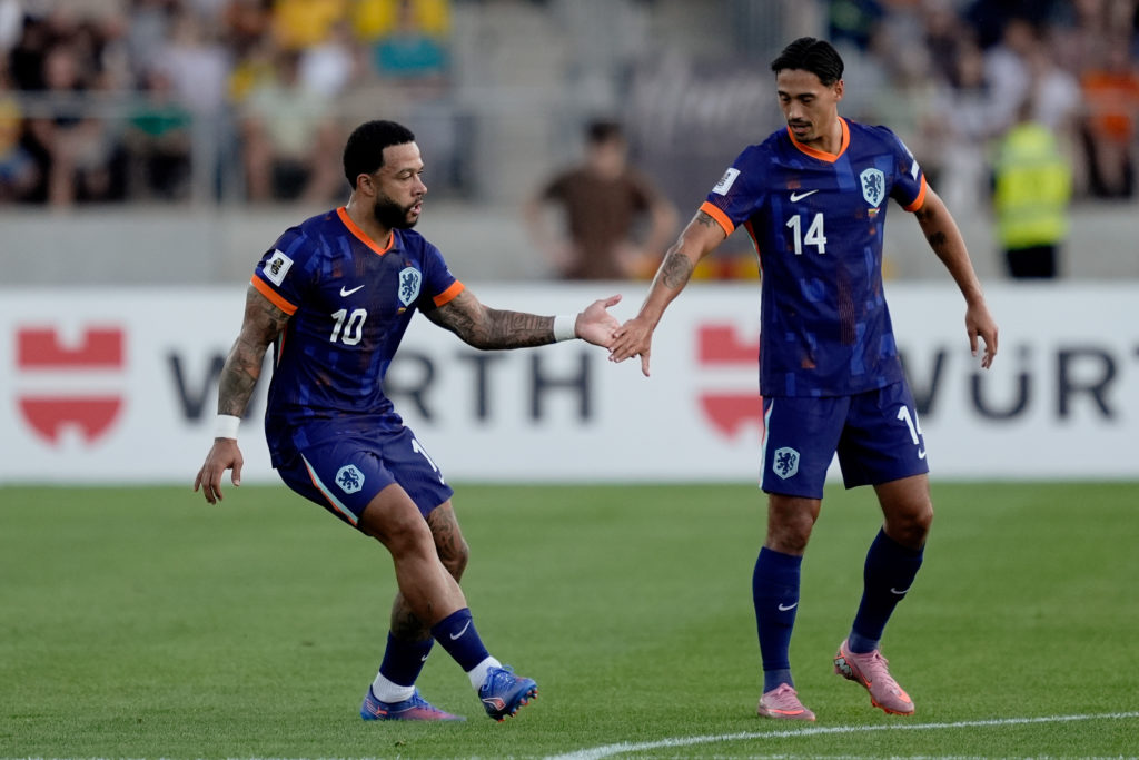 Memphis Depay of Holland celebrating 0-1 with Tijjani Reijnders of Holland , his 51st goal for the Dutch national team, making him top scorer of all time during the World Cup Qualifier match between Lithuania v Holland