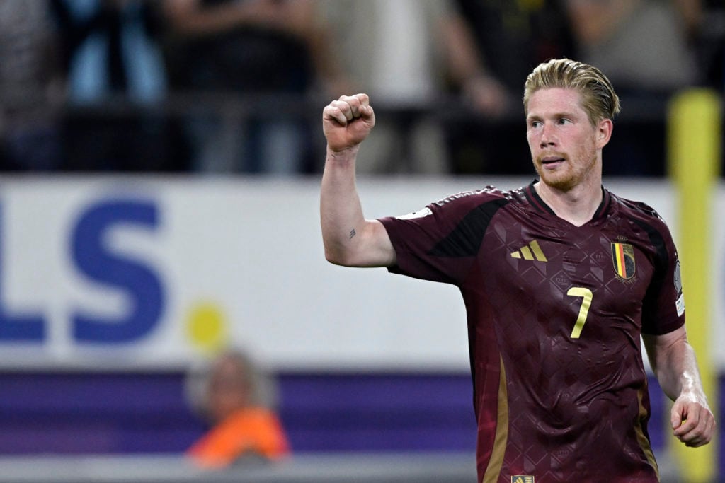 Kevin de Bruyne of Belgium celebrates 5-0 during the World Cup Qualifier match between Belgium v Kazakhstan