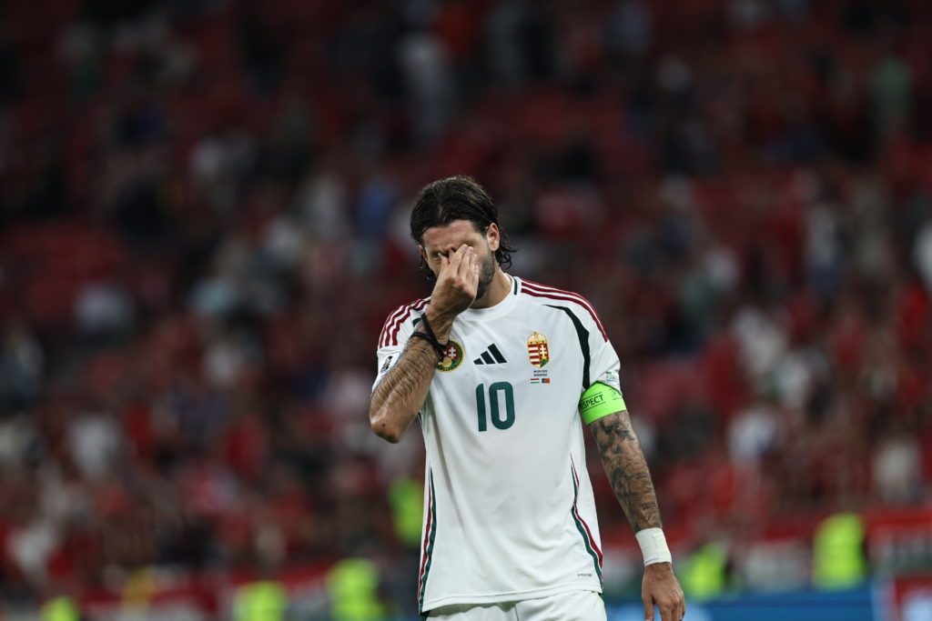 Dominik Szoboszlai looks dejected during Hungary v Portugal