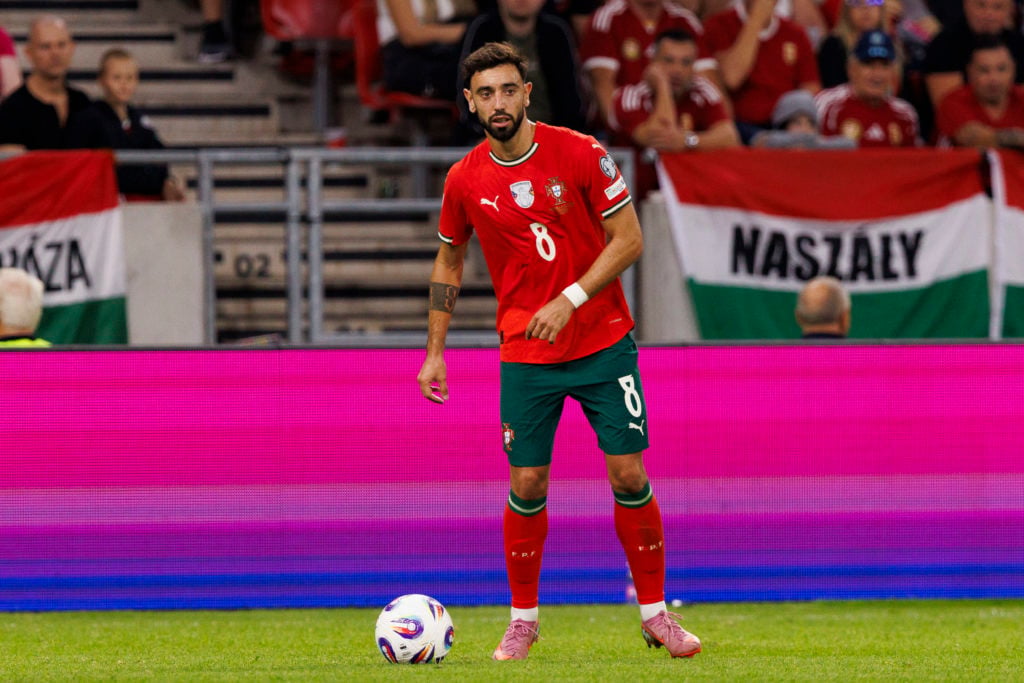 Bruno Fernandes of Portugal looks to pass the ball during the FIFA World Cup 2026 qualifier match between Hungary and Portugal