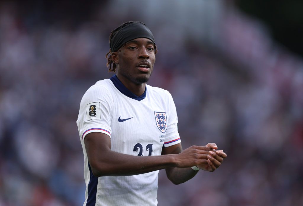 Noni Madueke of England reacts during the FIFA World Cup 2026 qualifier match between England and Andorra at Villa Park.