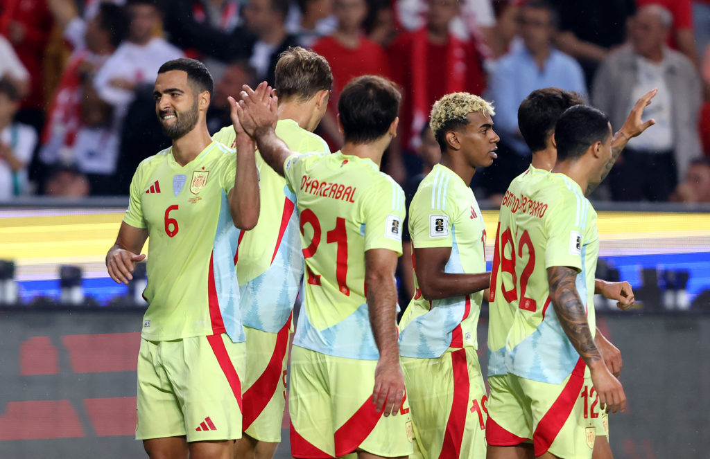 Mikel Merino of Spain celebrates scoring his team's third goal with teammate Mikel Oyarzabal during the FIFA World Cup 2026 qualifier match between Turkiye and Spainat Konya Metropolitan Municipality Stadium.