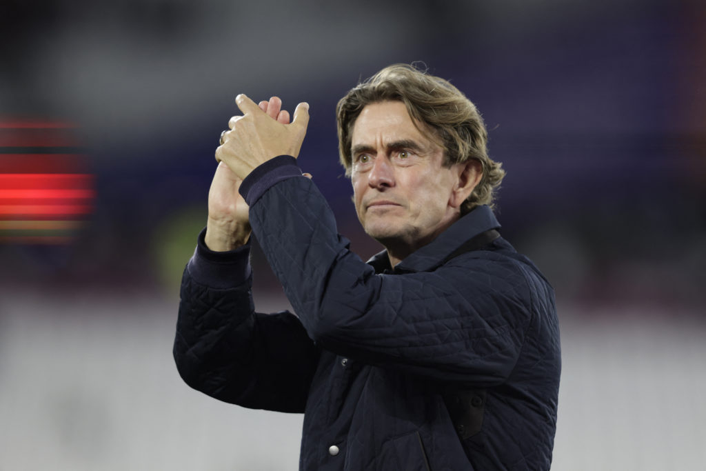 Tottenham Hotspur's Danish head coach Thomas Frank applauds at the end of the English Premier League football match between West Ham United and Tottenham Hotspur
