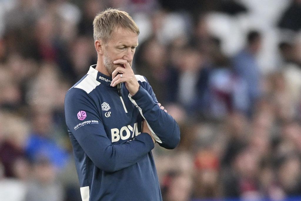 Graham Potter looks dejected during West Ham's defeat against Tottenham