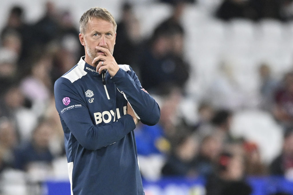 West Ham manager Graham Potter reacts on the touchline at the London Stadium
