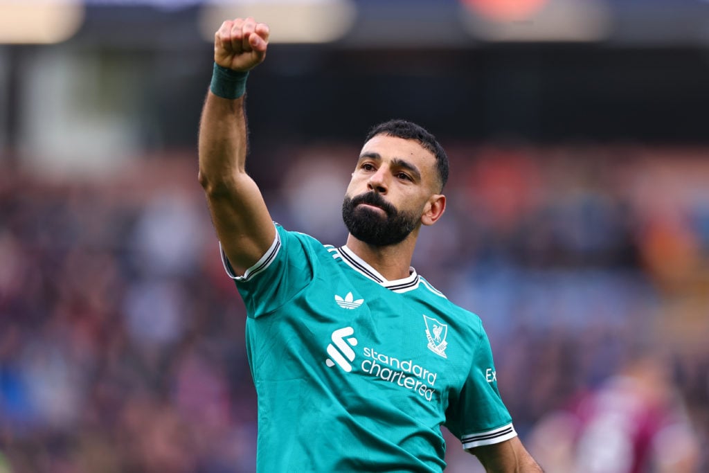 Mohamed Salah of Liverpool celebrates after scoring a goal to make it 0-1 during the Premier League match between Burnley and Liverpool at Turf Moor.