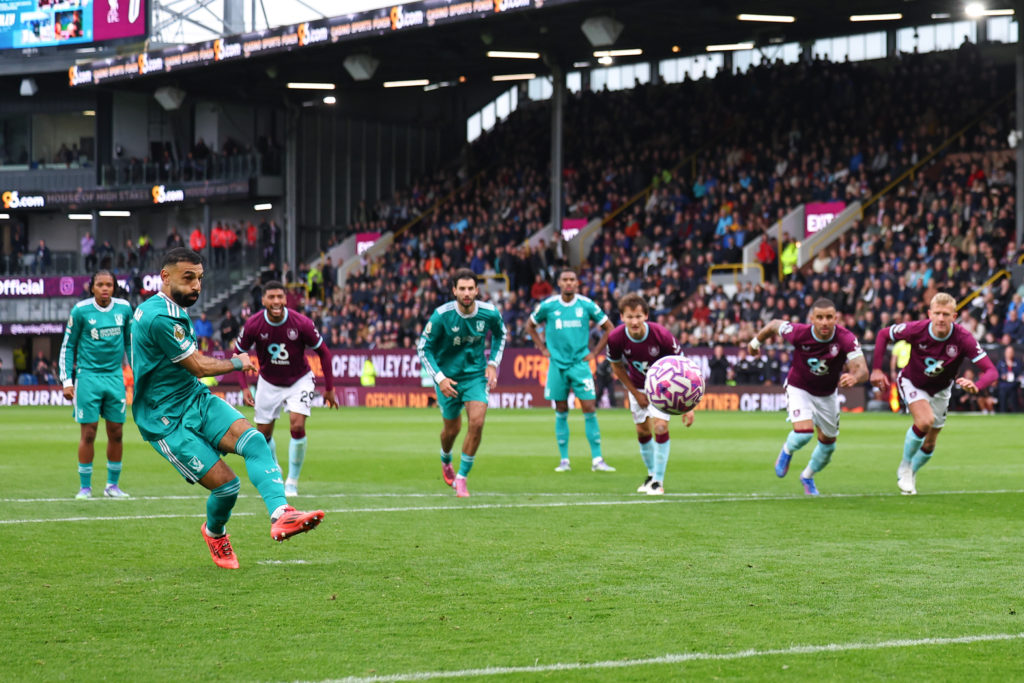 Mohamed Salah of Liverpool scores a goal to make it 0-1 during the Premier League match between Burnley and Liverpool at Turf Moor.