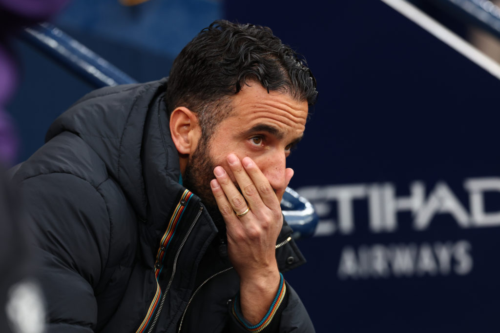 Ruben Amorim reacts during the Manchester derby between Manchester City and Manchester United