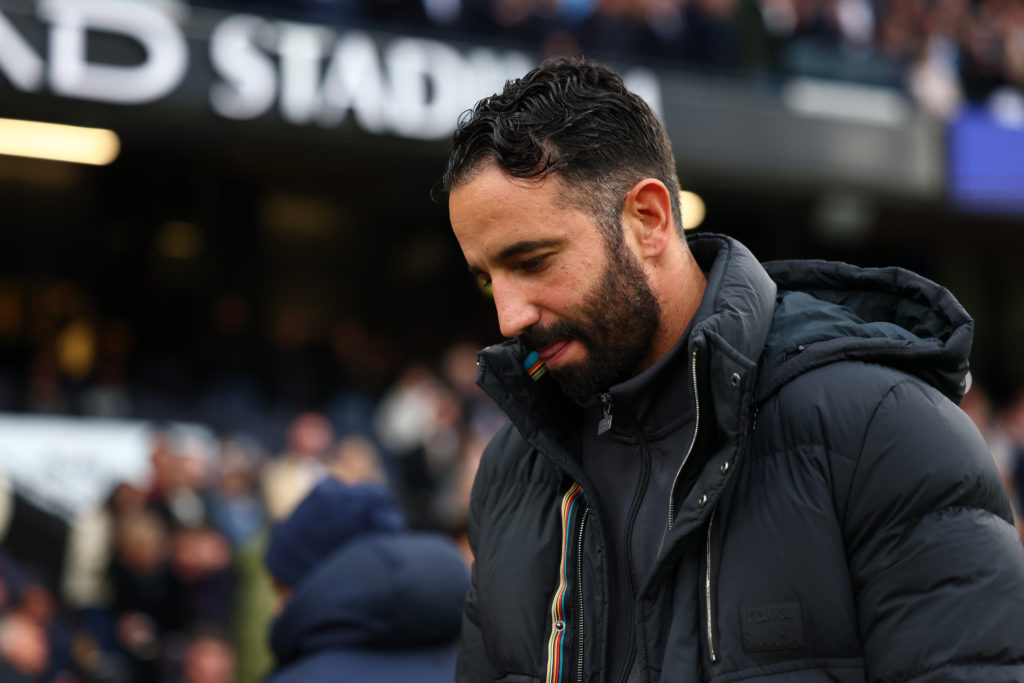 Manchester United head coach Ruben Amorim reacts on the touchline during the defeat against Manchester City