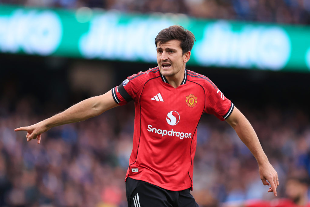 Harry Maguire in action during a Premier League clash between Manchester United and Manchester City