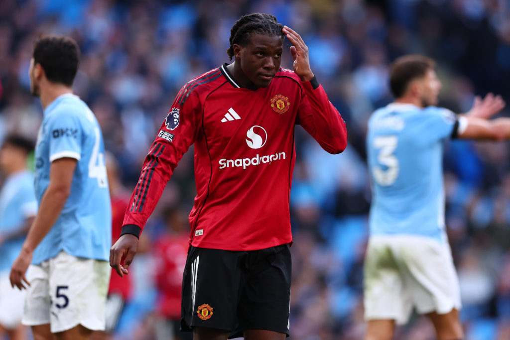 Patrick Dorgu reacts during Manchester United's defeat against Manchester City