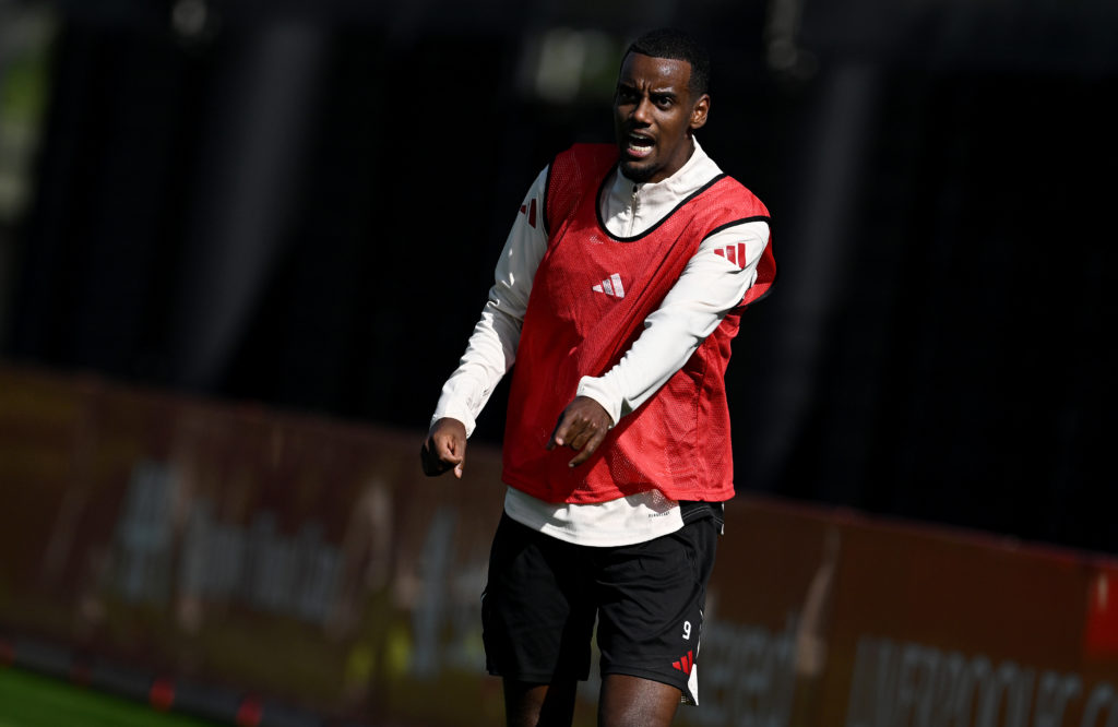 Alexander Isak shouts during a Liverpool training session