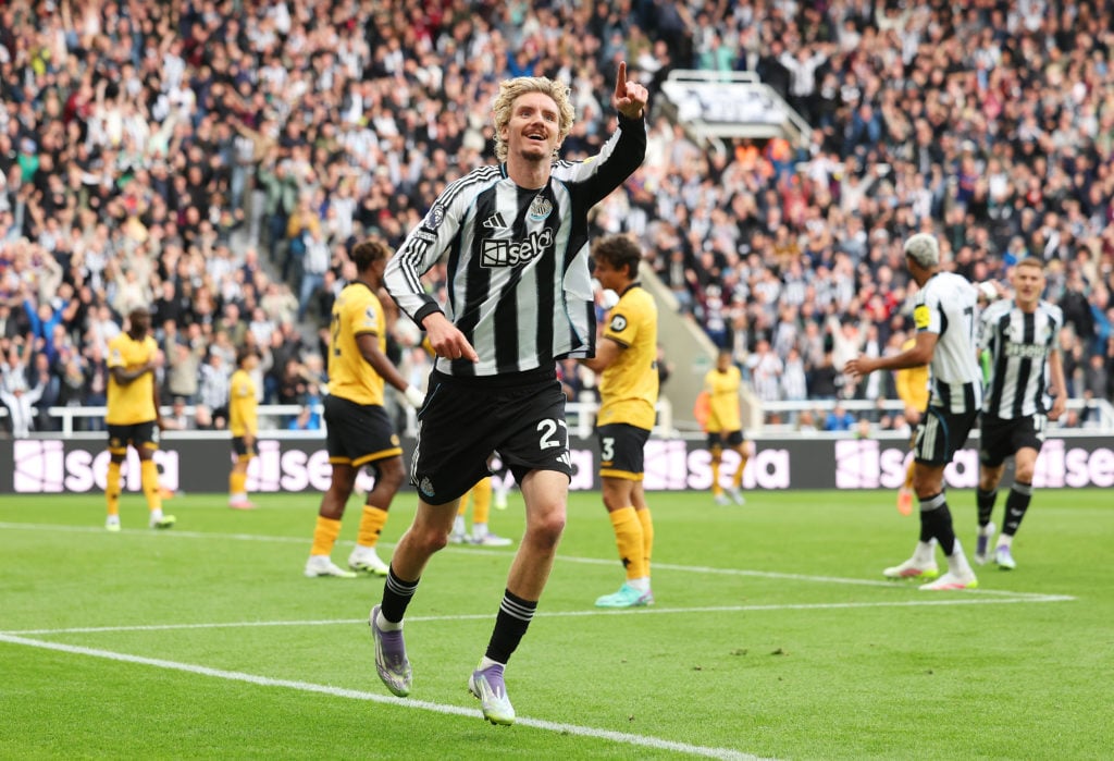 Nick Woltemade of Newcastle United celebrates scoring his team's first goal during the Premier League match between Newcastle United and Wolverhampton Wanderers