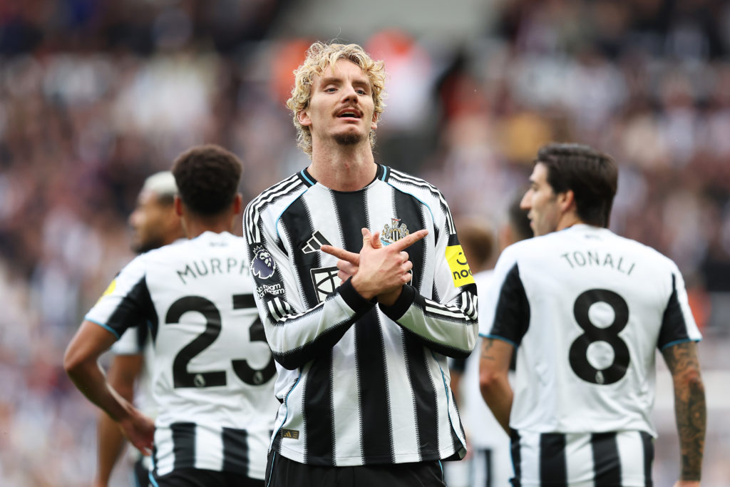 Nick Woltemade celebrates after scoring in Newcastle's win against Wolves