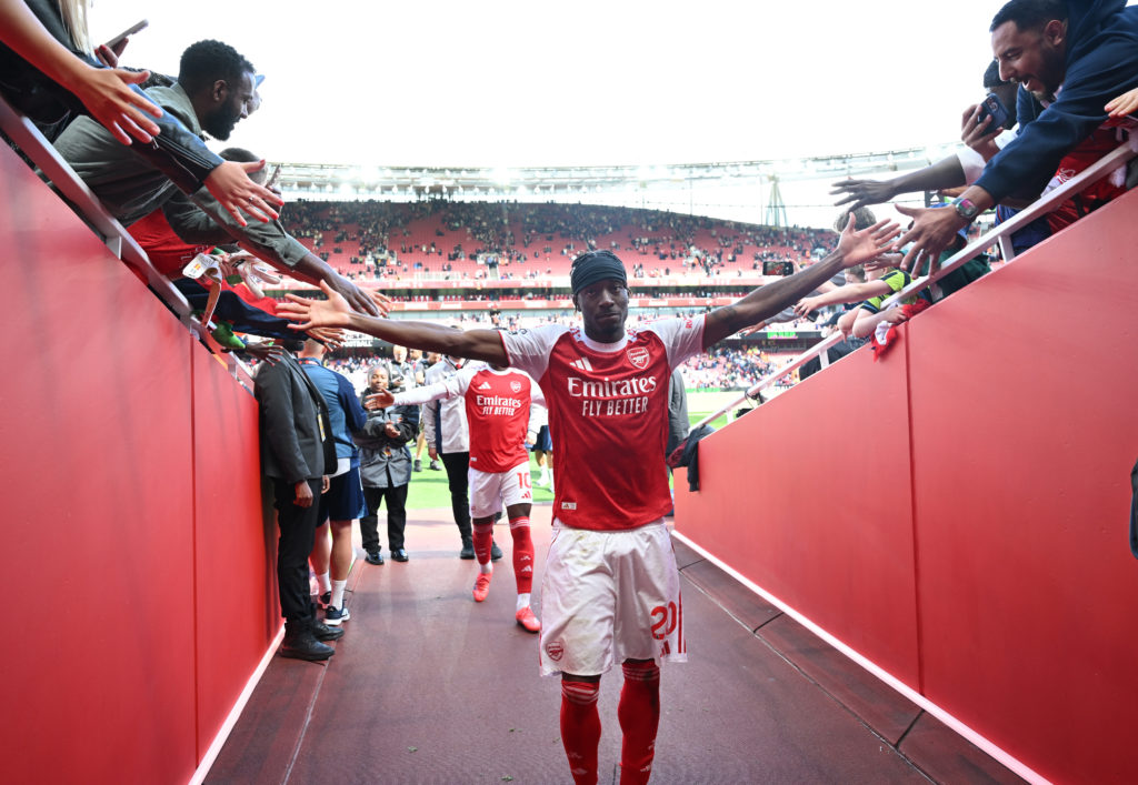 Noni Madueke thanks the Arsenla fans after the Premier League match between Arsenal and Nottingham Forest at Emirates Stadium