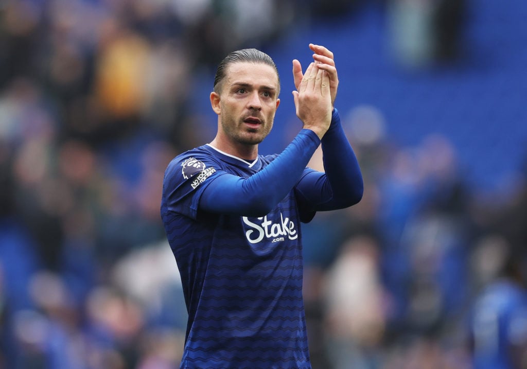 Jack Grealish applauds Everton supporters after the draw with Aston Villa in the Premier League