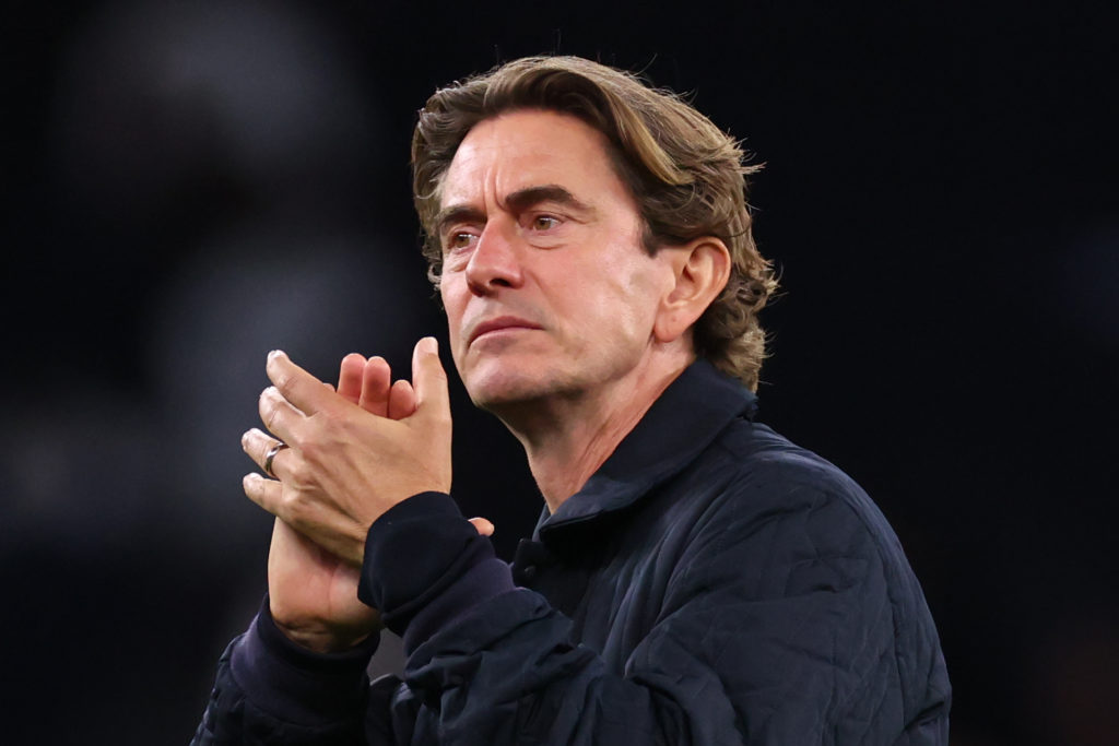 Thomas Frank reacts after Tottenham's victory against Villarreal in the Champions League
