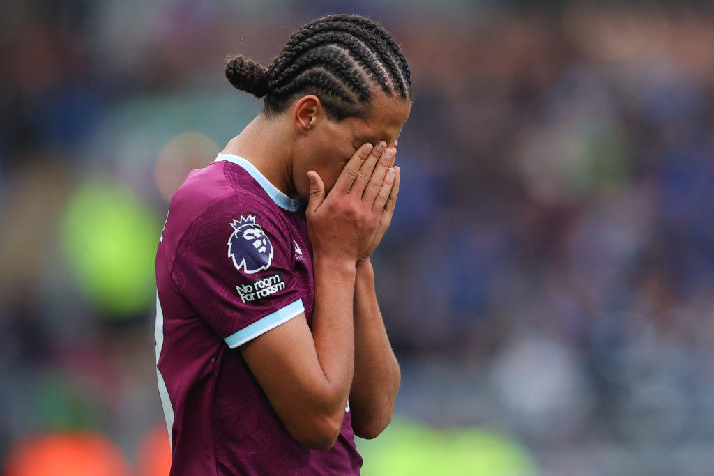 Hannibal Mejbri of Burnley reacts after a penalty is awarded during the Premier League match between Burnley and Liverpool at Turf Moor.