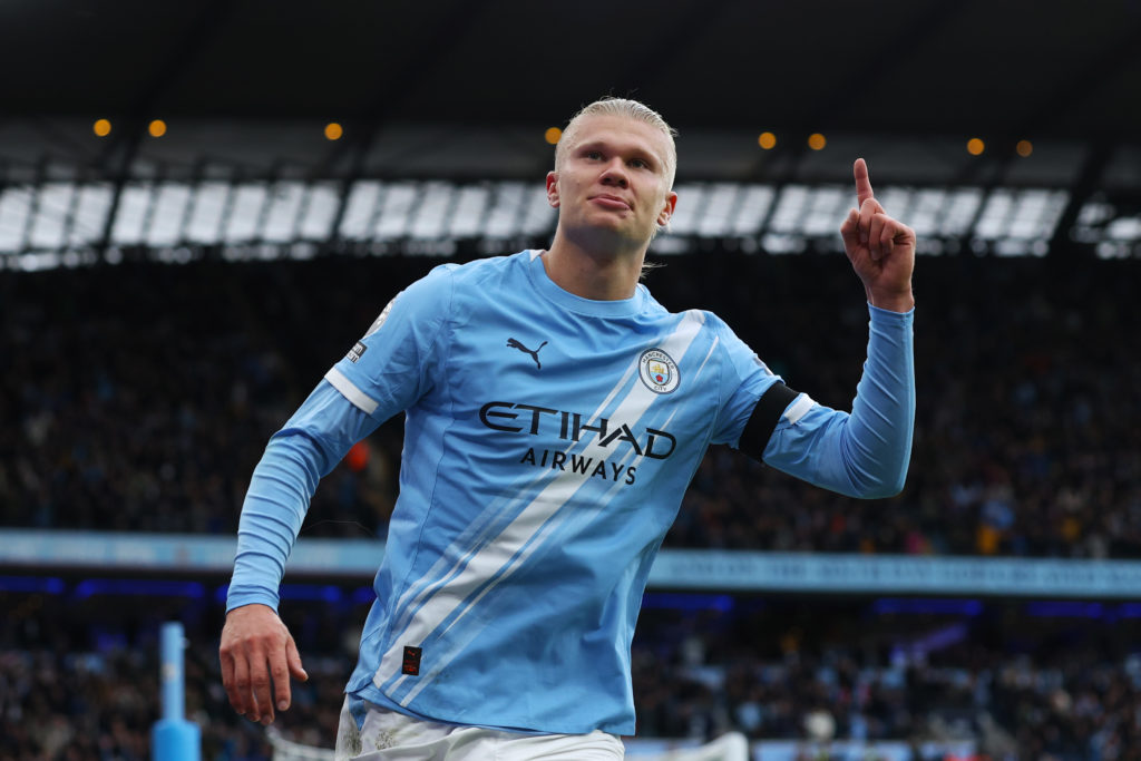 Erling Haaland celebrates scoring for Manchester City against Manchester United