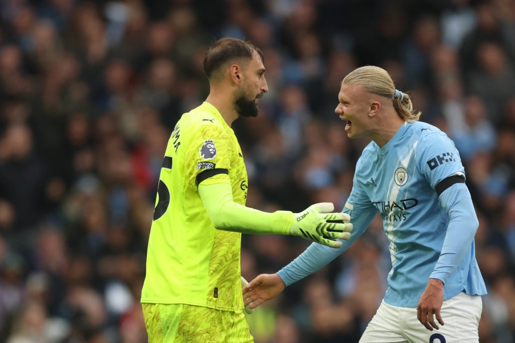 Erling Haaland and Donnarumma during Man City vs Man United.