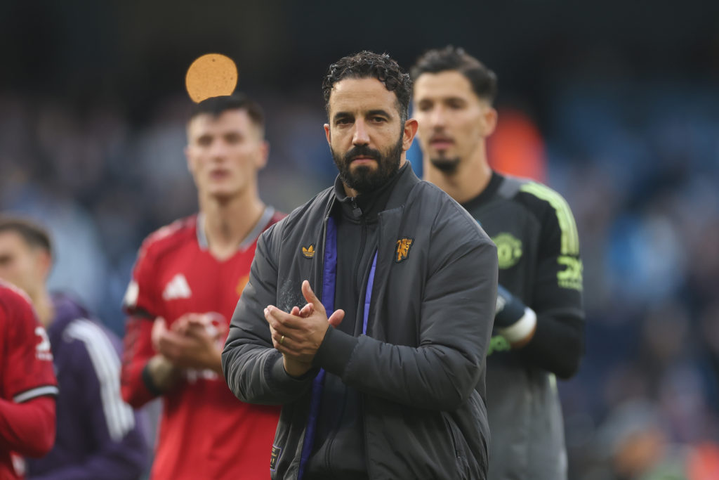 Ruben Amorim reacts after Manchester United's defeat against Manchester City