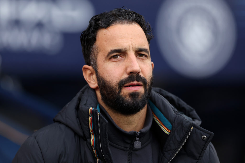 Ruben Amorim reacts during Manchester United's defeat against Manchester City