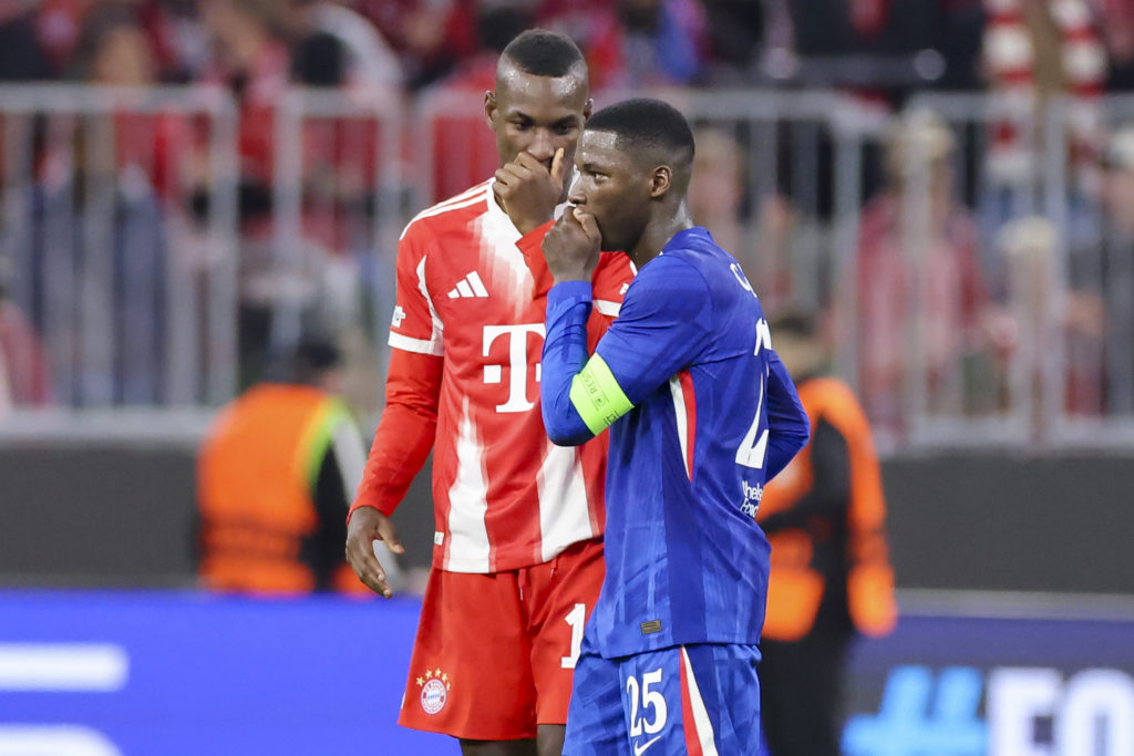 Nicolas Jackson of Bayern Muenchen and Moises Caicedo of Chelsea FC talk together during the UEFA Champions League 2025/26 League Phase
