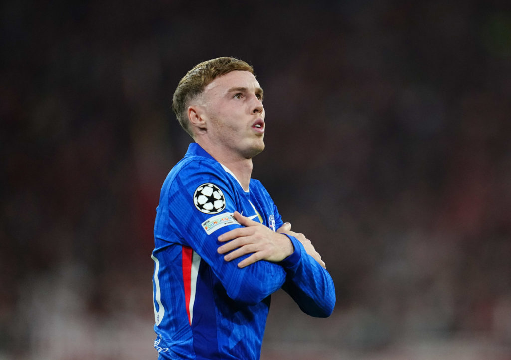 Cole Palmer celebrates scoring a goal during Chelsea's Champions League defeat against Bayern Munich