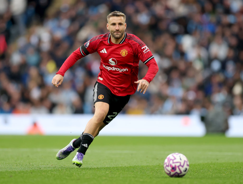 Luke Shaw in action during Manchester United's defeat against Manchester City