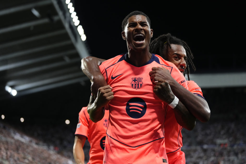 Marcus Rashford celebrates scoring a goal in Barcelona's victory against Newcastle