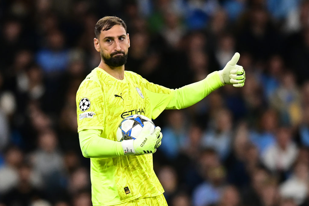 Manchester City's Gianluigi Donnarumma gestures during the UEFA Champions League 2025/26 League Phase MD1 match between Manchester City and SSC Napoli at City of Manchester Stadium on September 18, 2025