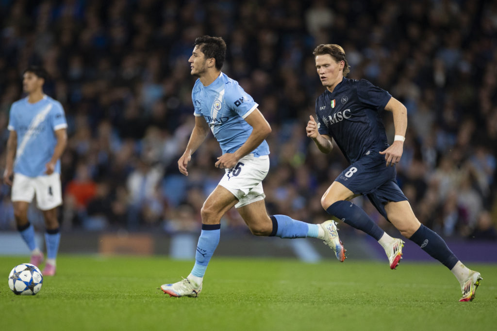 Abdukodir Khusanov, 45, of Manchester City F.C. is in possession of the ball during the UEFA Champions League Phase match between Manchester City and SSC Napoli at the Etihad Stadium