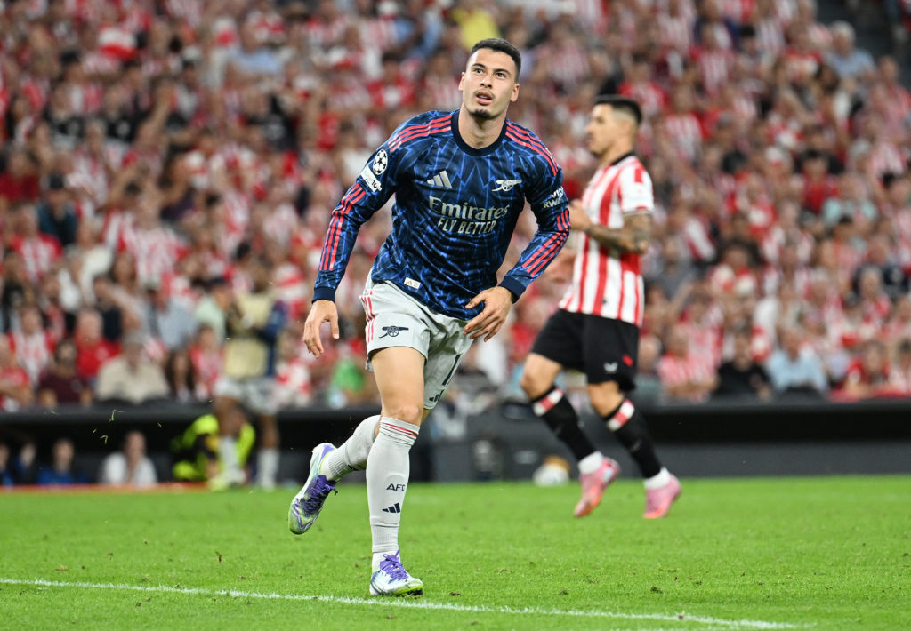 Gabriel Martinelli celebrates after scoring in Arsenal's win against Athletic Bilbao in the Champions League