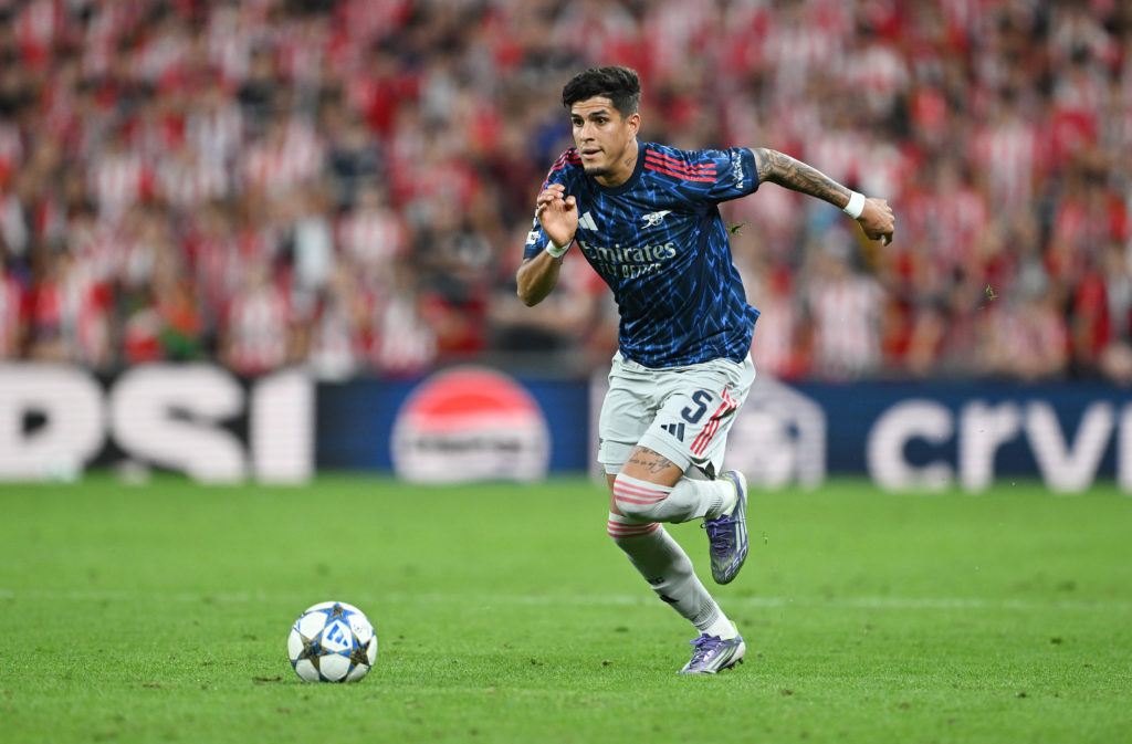 Piero Hincapie in action for Arsenal during their win against Athletic Bilbao in the Champions League