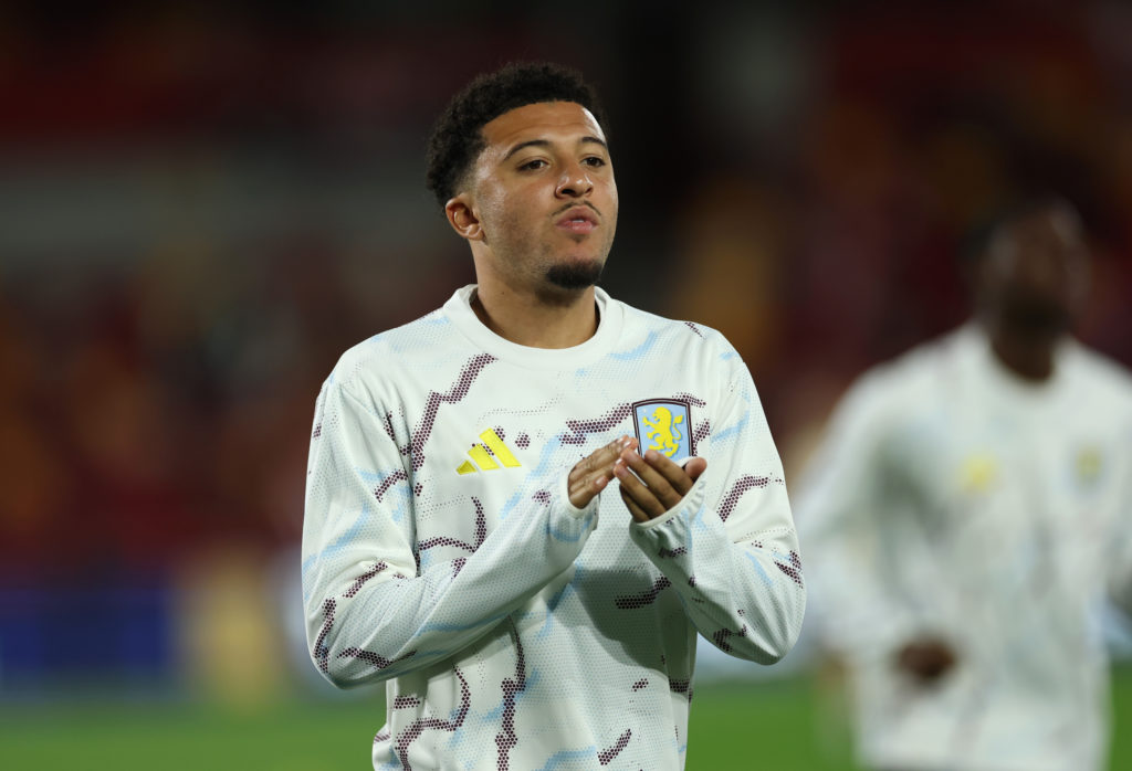 Jadon Sancho of Aston Villa looks on prior to the Carabao Cup Third Round match between Brentford and Aston Villa at Gtech Community Stadium on September 16, 2025