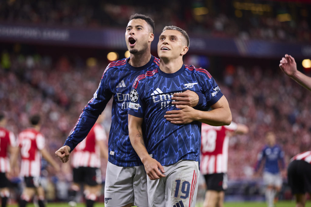 Gabriel Martinelli and Leandro Trossard celebrate after scoring for Arsenal against Athletic Club