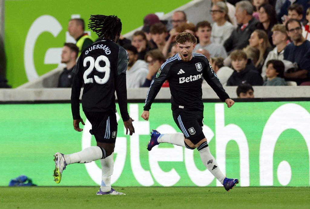 Harvey Elliott of Aston Villa celebrates scoring his team's first goal with team mate Evann Guessand during the Carabao Cup Third Round match between Brentford and Aston Villa at Gtech Community Stadium on September 16, 2025