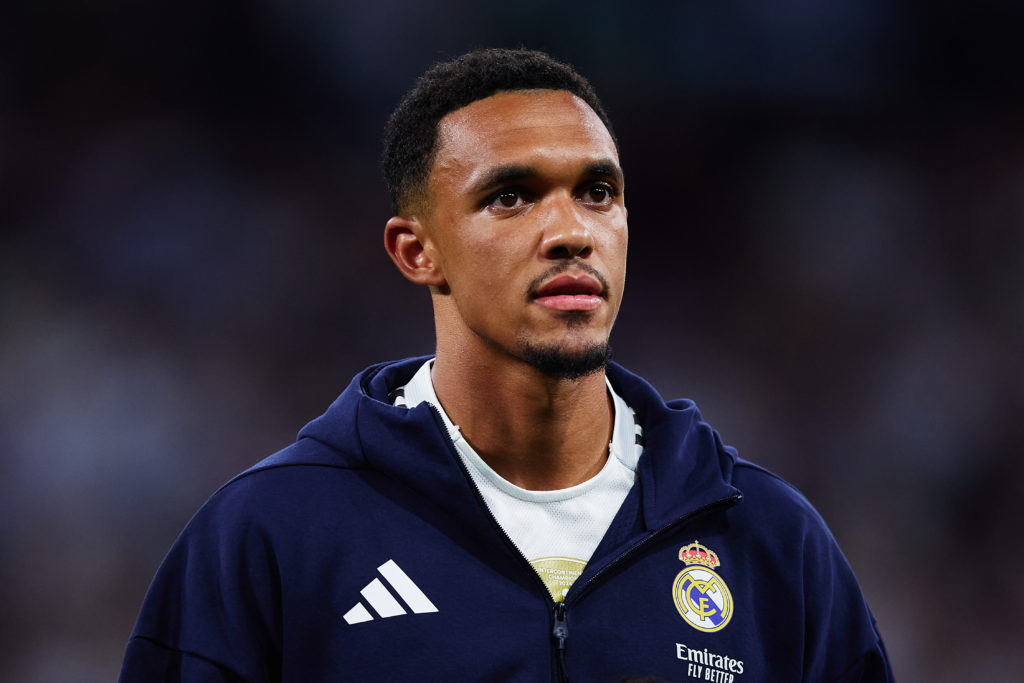 Trent Alexander Arnold of Real Madrid looks on prior to the UEFA Champions League 2025/26 League Phase MD1 match between Real Madrid C.F. and Olympique de Marseille at Estadio Santiago Bernabeu.