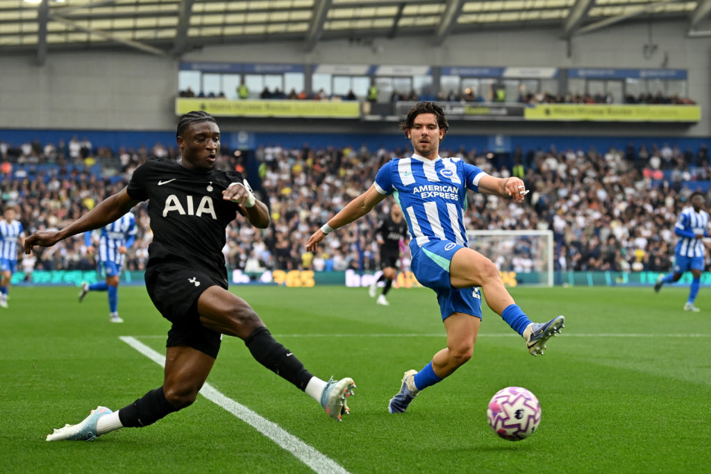 Mohammed Kudus takes on Ferdi Kadioglu during Brighton 2-2 Tottenham.