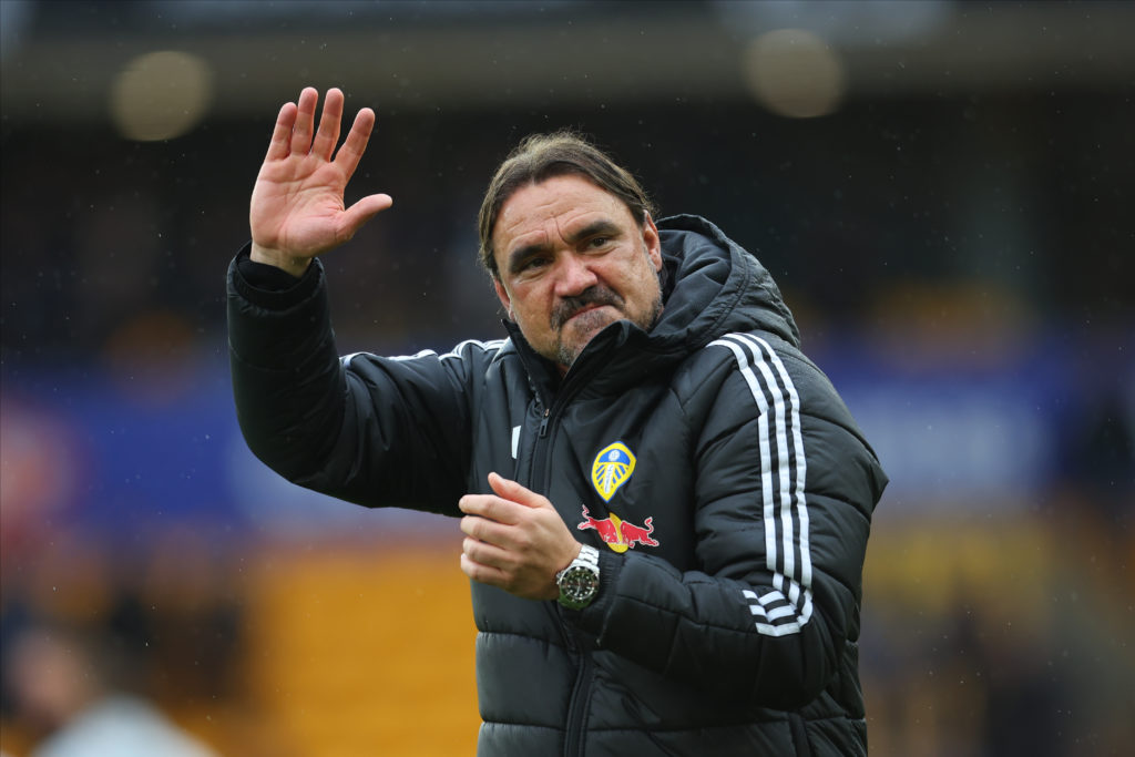Daniel Farke Manager of Leeds United applauds the fans after winning the Premier League match between Wolverhampton Wanderers and Leeds United