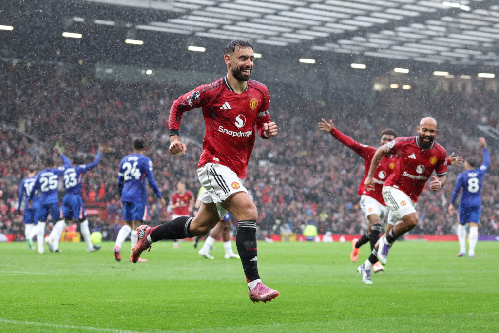 Bruno Fernandes of Manchester United celebrates scoring the opening goal during the Premier League