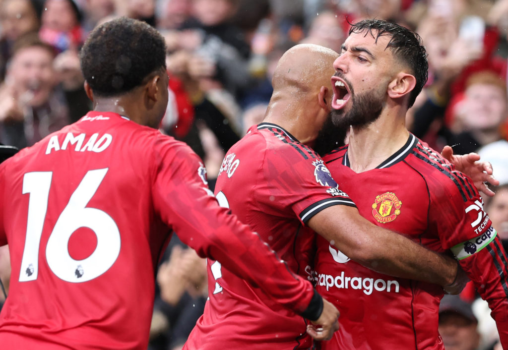 ENGLAND - SEPTEMBER 20: Bruno Fernandes, Bryan Mbeumo and Amad Diallo of Manchester United of Manchester United celebrate