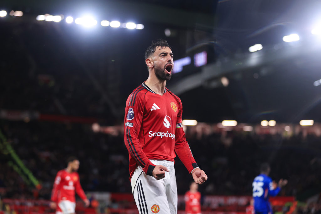 Bruno Fernandes celebrates during Manchester United's victory against Chelsea