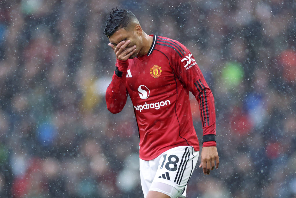 Casemiro reacts to being sent off during Manchester United's win over Chelsea in the Premier League