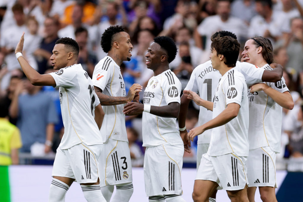 Real Madrid players celebrate scoring against Espanyol in La Liga