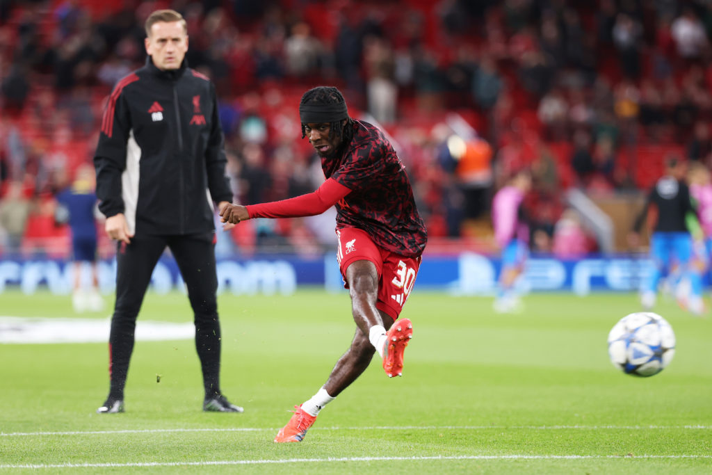 Jeremie Frimpong of Liverpool warms up prior to the UEFA Champions League 2025/26 League Phase MD1 match between Liverpool FC and Atletico de Madrid at Anfield on September 17, 2025 in Liverpool, England
